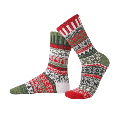 Pair of patterned socks with red, green, and white colors on a white background