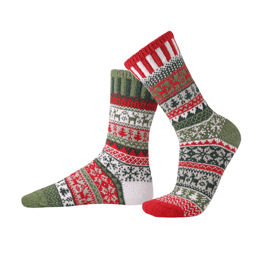 Pair of patterned socks with red, green, and white colors on a white background