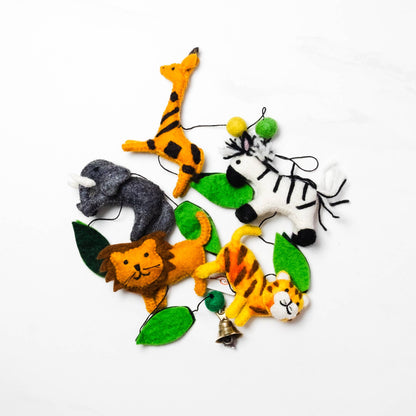 Colorful animal-themed garland on a white background.