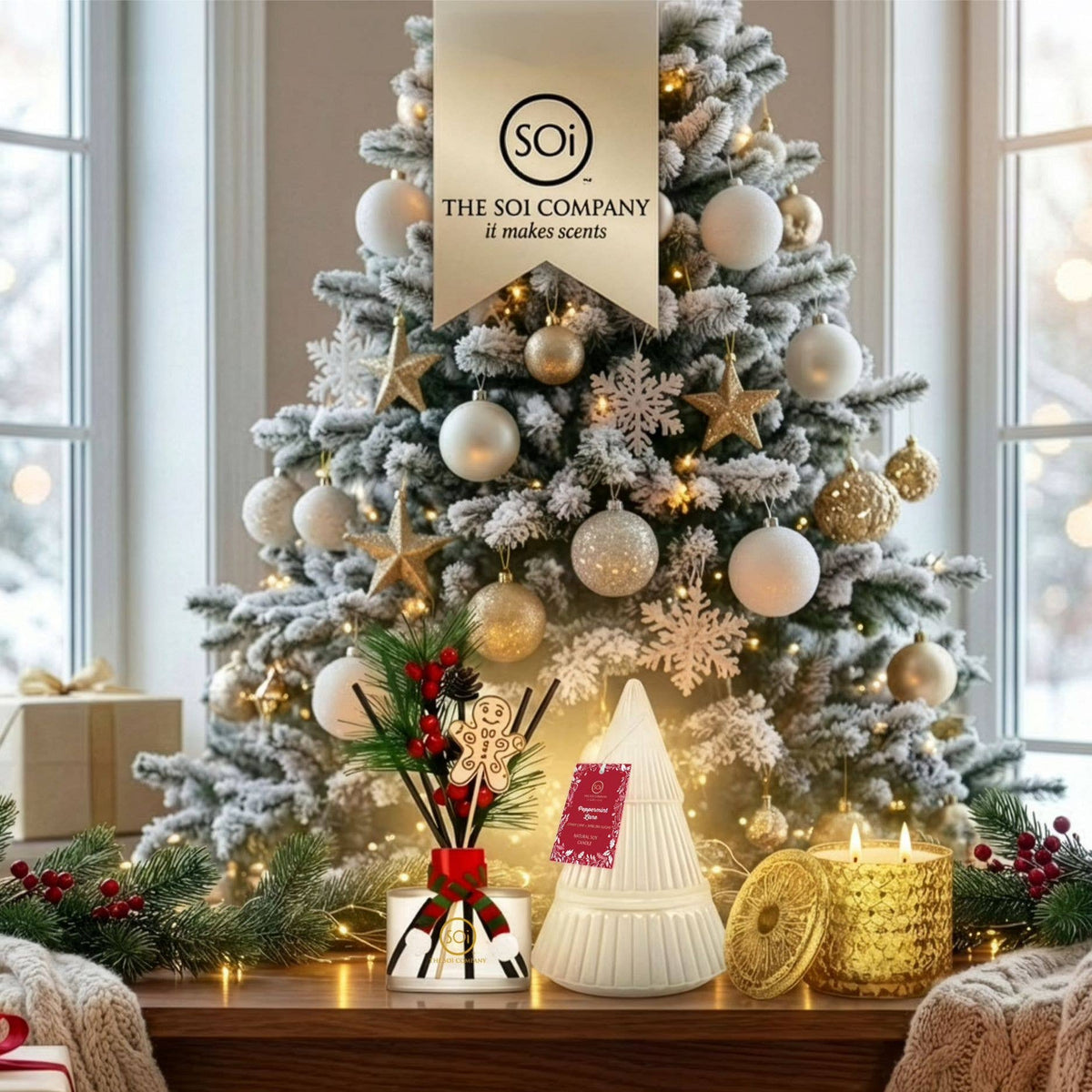 A decorated Christmas tree in a cozy indoor setting, with white and gold ornaments, warm string lights, snowflake and star ornaments, and a hanging banner reading 'The Soi Company'. In front of the tree on a wooden table are holiday decor items including a white tree-shaped candle holder, a gold textured candle, a small gift box with red ribbon, and green garlands.