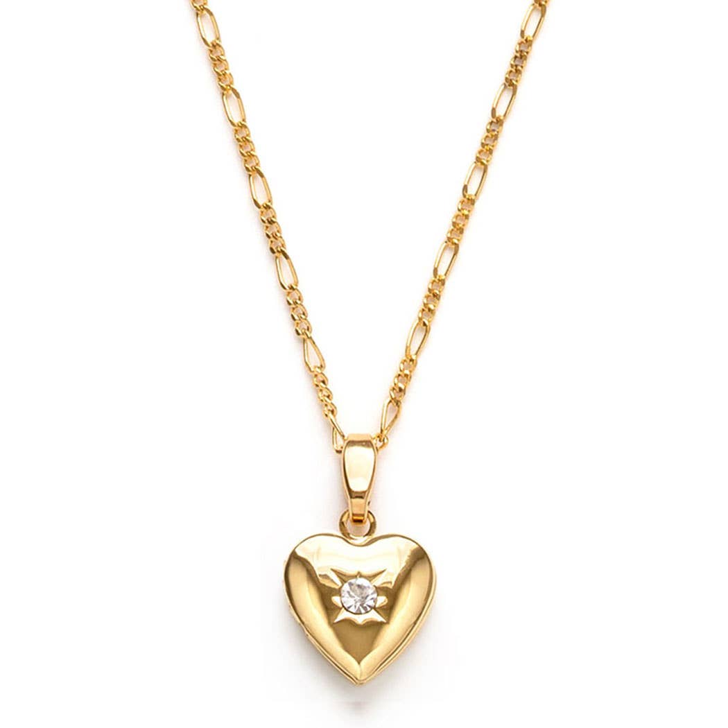 Gold heart-shaped pendant necklace on a white background