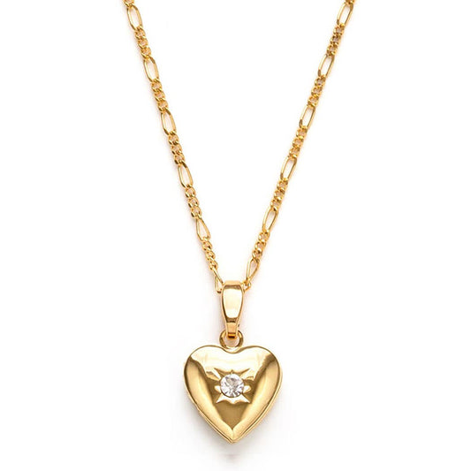 Gold heart-shaped pendant necklace on a white background