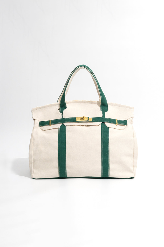 Beige tote bag with green straps on a white background
