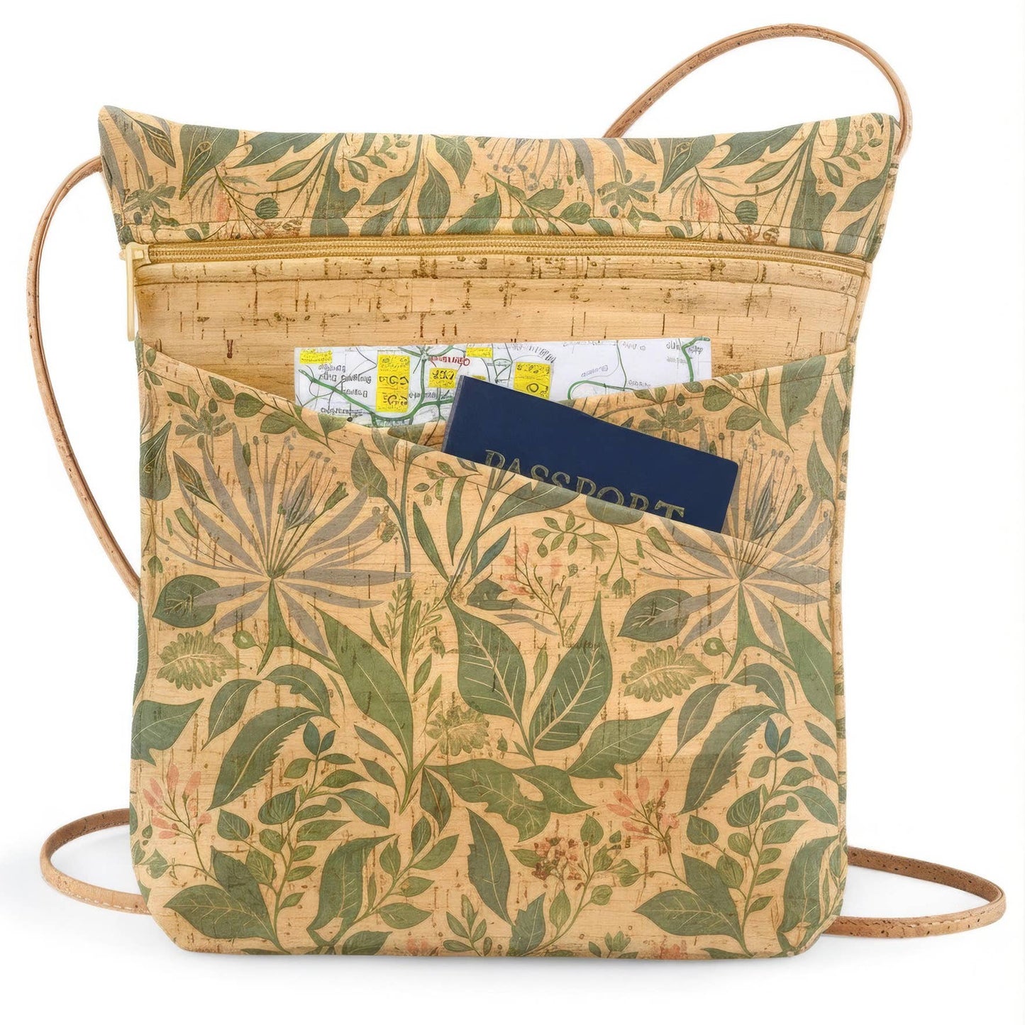 Floral-patterned cork bag with a passport and map in a pocket on a white background