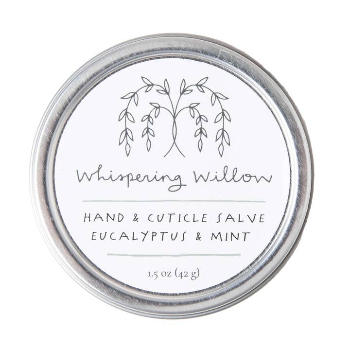 Whispering Willow hand and cuticle salve container with eucalyptus and mint scent on a white background