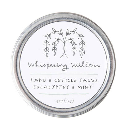 Whispering Willow hand and cuticle salve container with eucalyptus and mint scent on a white background