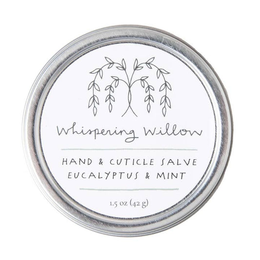 Whispering Willow hand and cuticle salve container with eucalyptus and mint scent on a white background