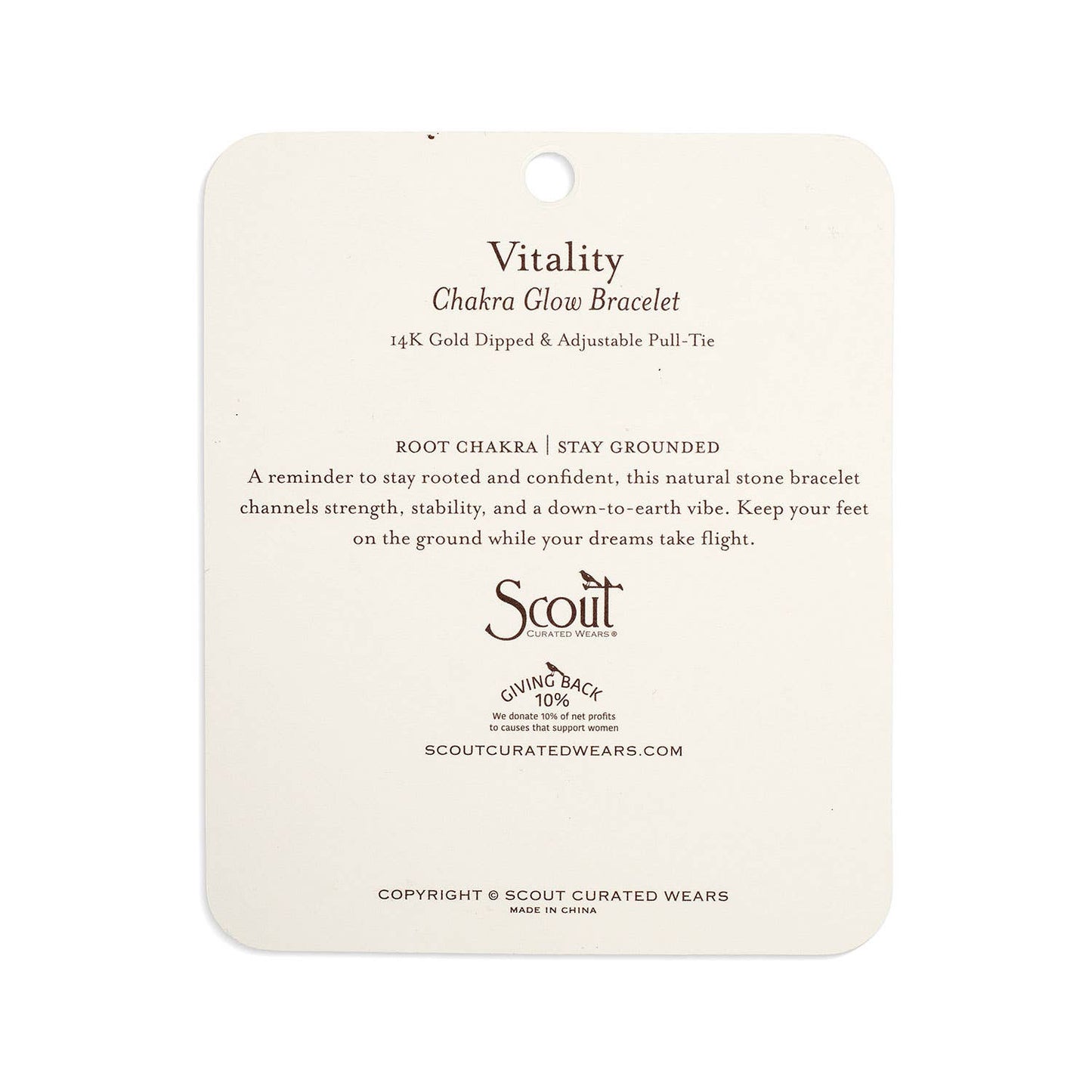 Product label for 'Vitality' Chakra Glow Bracelet by Scout on a white background