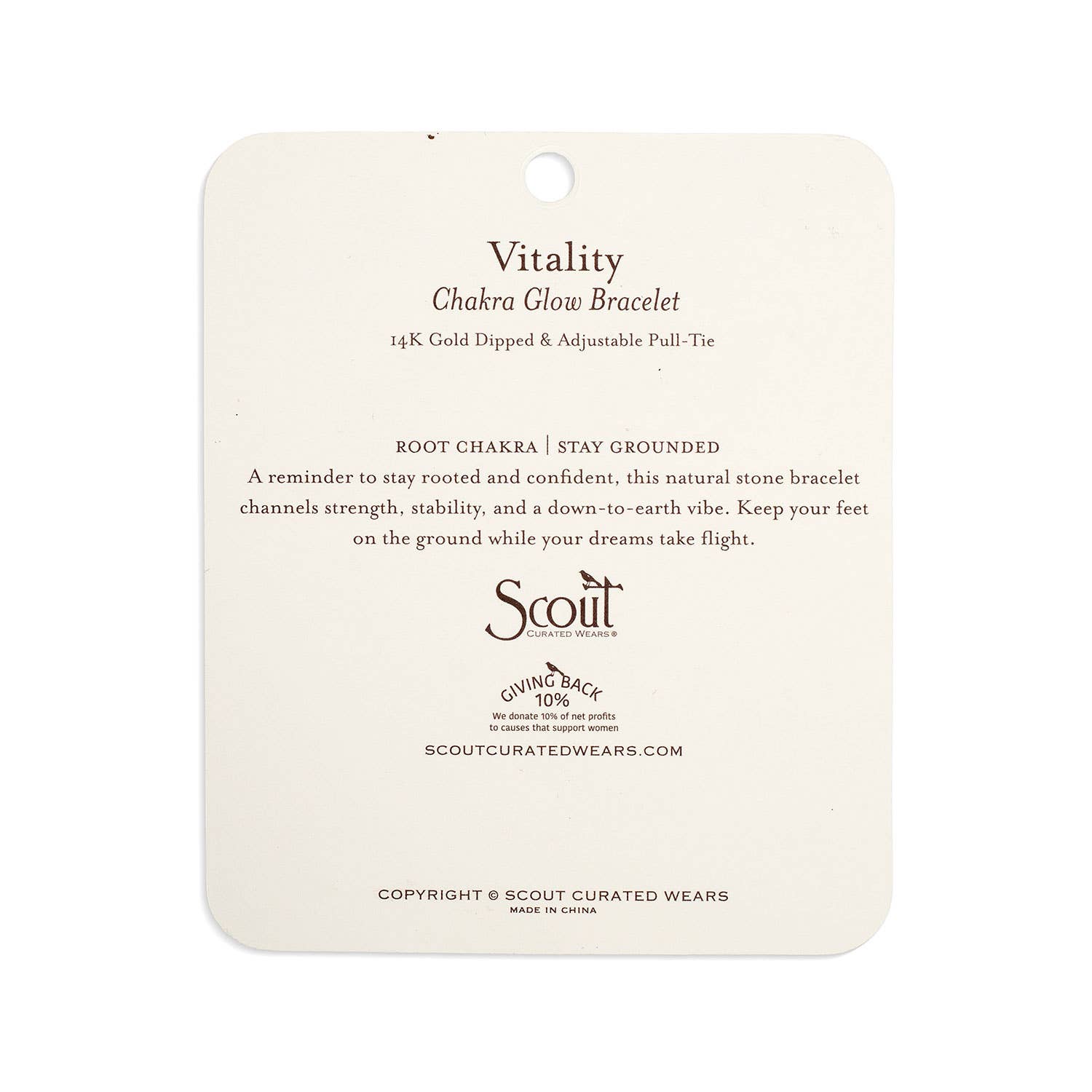 Product label for 'Vitality' Chakra Glow Bracelet by Scout on a white background