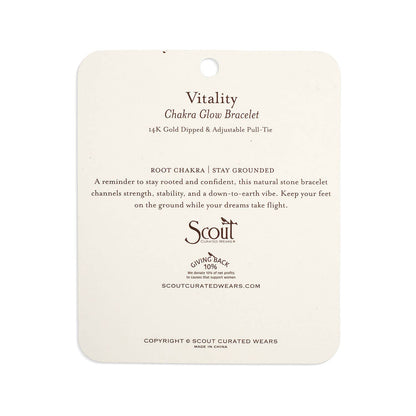 Product label for 'Vitality' Chakra Glow Bracelet by Scout on a white background