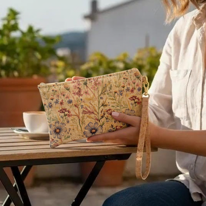 Person holding a floral clutch on a table outdoors