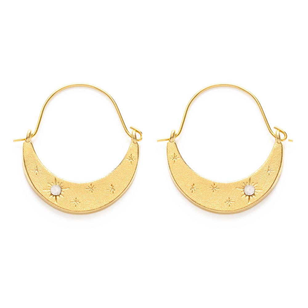 Gold hoop earrings with crescent moon design on a white background