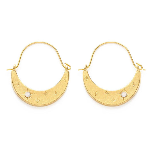 Gold hoop earrings with crescent moon design on a white background