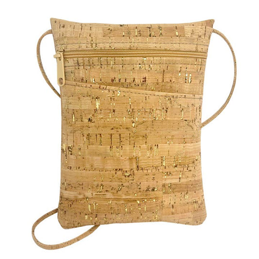A gold flecked cork mini cross body bag with an adjustable cork cord strap and a front pocket, displayed against a white background.