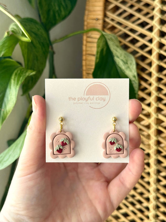 Pink Strawberry Scalloped Dangle Earrings