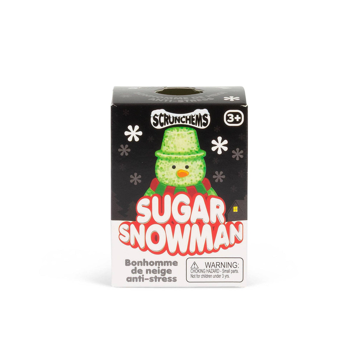 Scrunchems Sugar Snowman anti-stress sugar scrunchie in its original black and white packaging box, featuring a green snowman illustration.