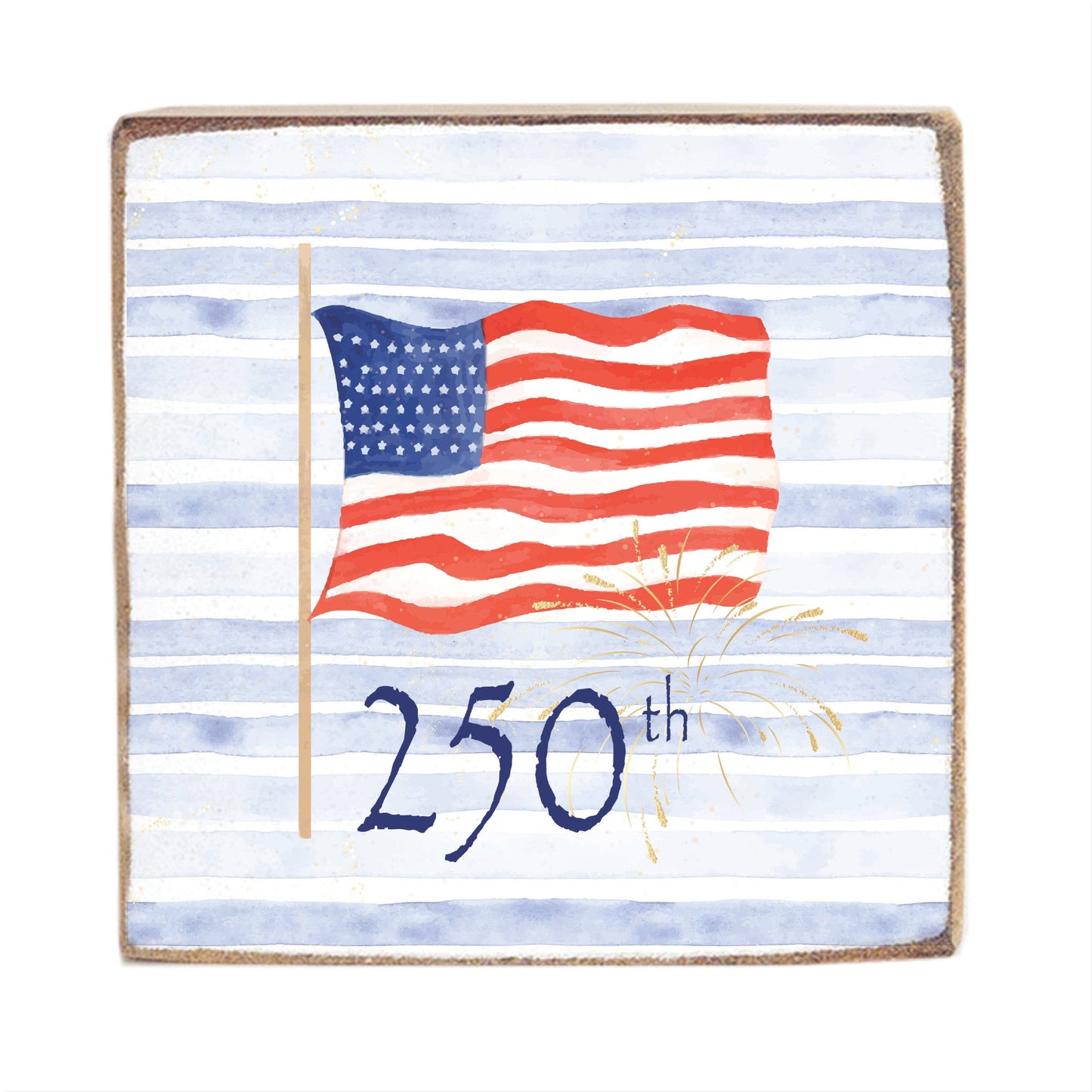 Decorative item with American flag and '250th' text on a striped background
