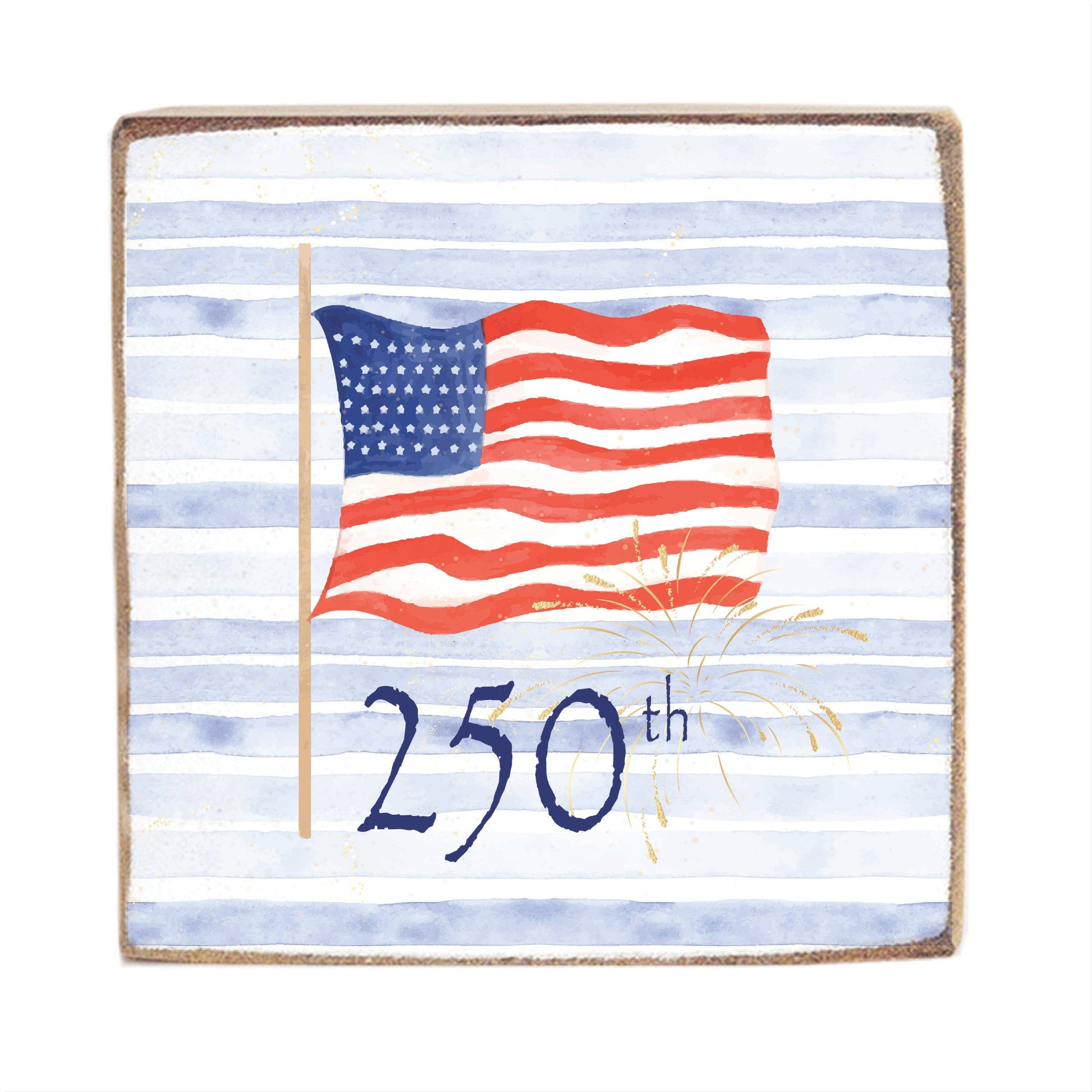 Decorative item with American flag and '250th' text on a striped background