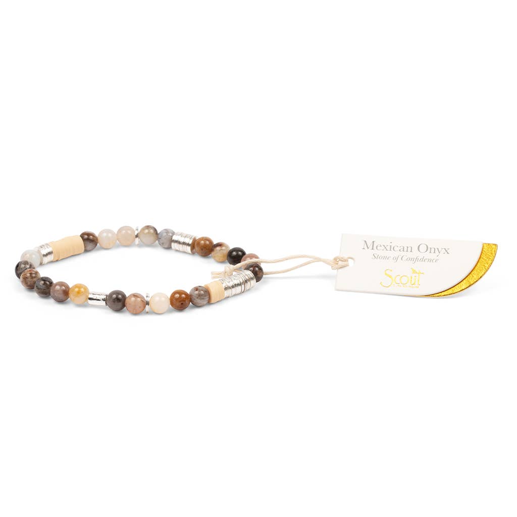 Beaded bracelet with a tag on a white background