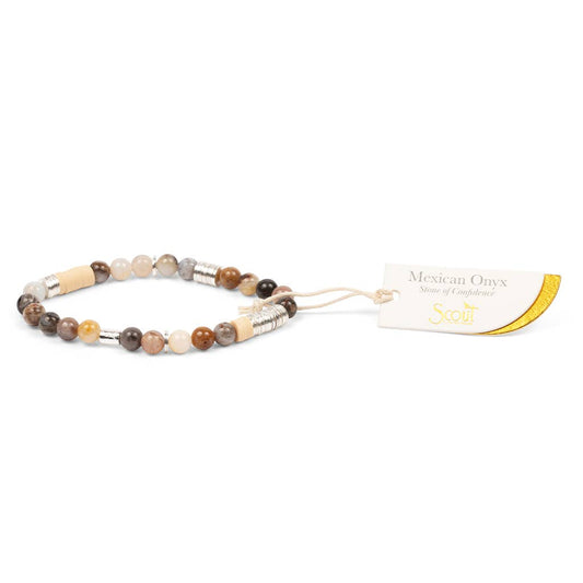 Beaded bracelet with a tag on a white background
