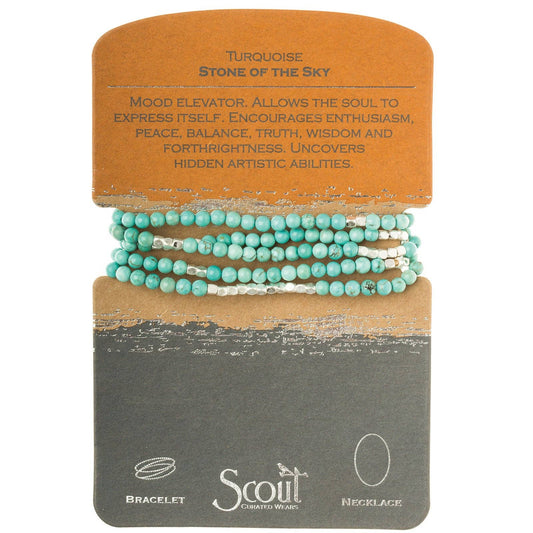Convertible beaded necklace/wrap bracelet on a Scout branded card with descriptive text.