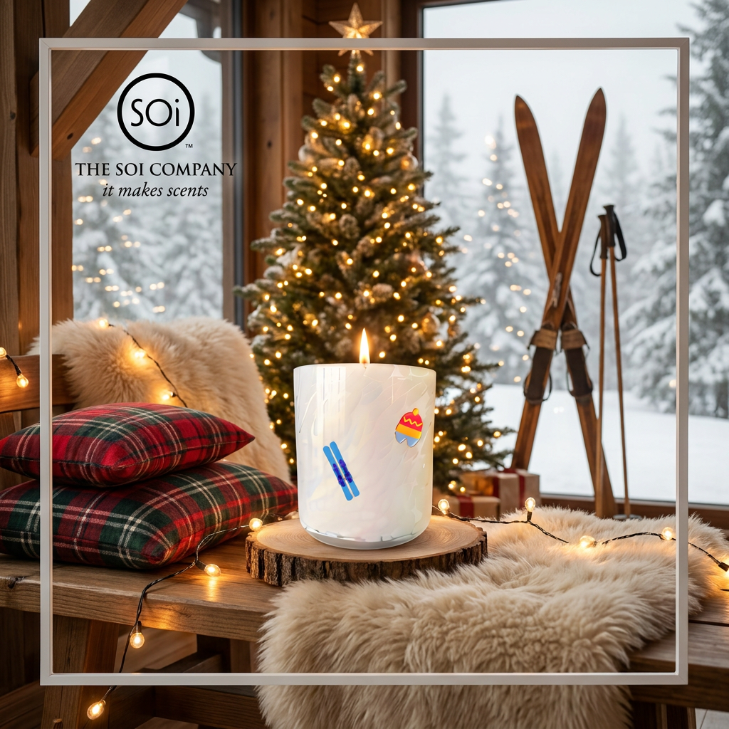A white scented candle with blue and orange ski and hat designs on a wooden table in a cozy indoor holiday setting with a lit Christmas tree, plaid pillows, string lights, and crossed skis in the background. The SOI logo and text 'THE SOI COMPANY it makes scents' appear in the upper left.