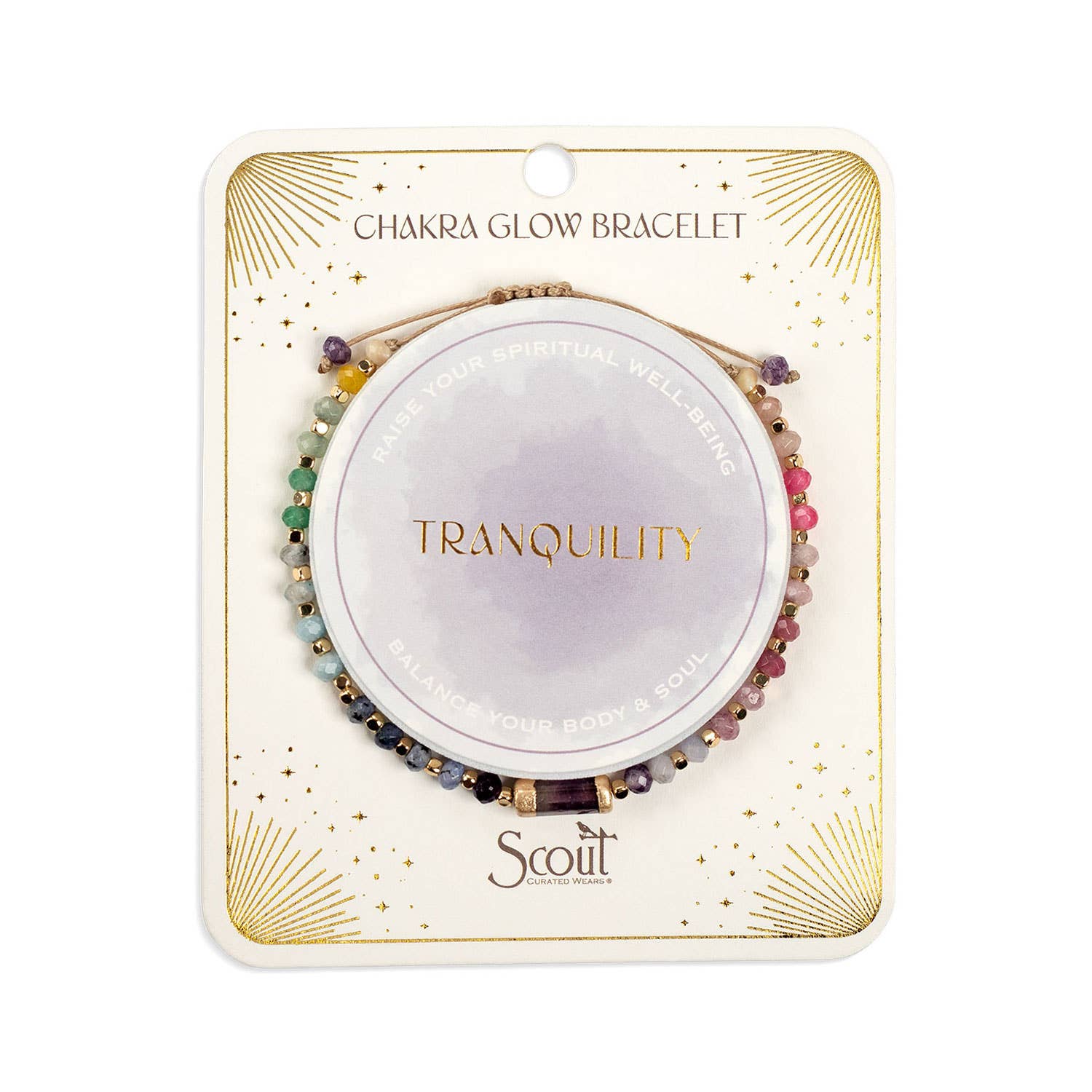 Chakra glow bracelet packaging with 'Tranquility' and 'Scout' branding on a white background. Gallery images show this same piece from multiple angles and in styled settings.