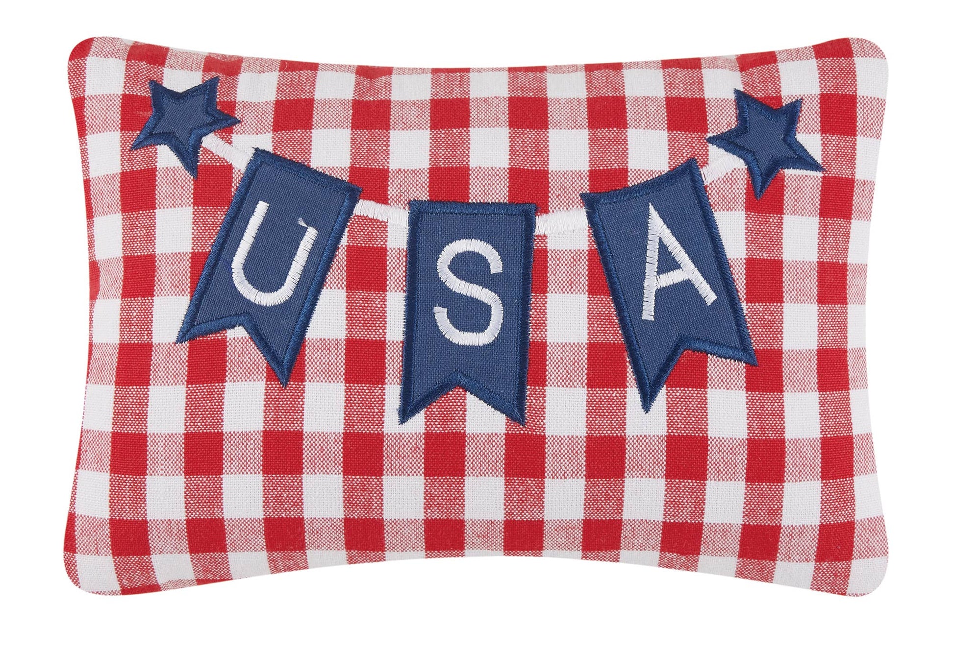 Pillow with red and white checkered pattern, blue stars, and 'USA' text on a white background