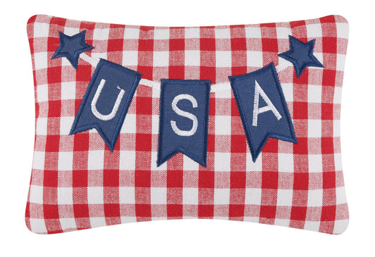 Pillow with red and white checkered pattern, blue stars, and 'USA' text on a white background