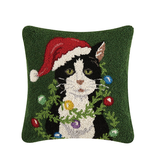 Holiday Cat Wrapped in Garland Hook Pillow