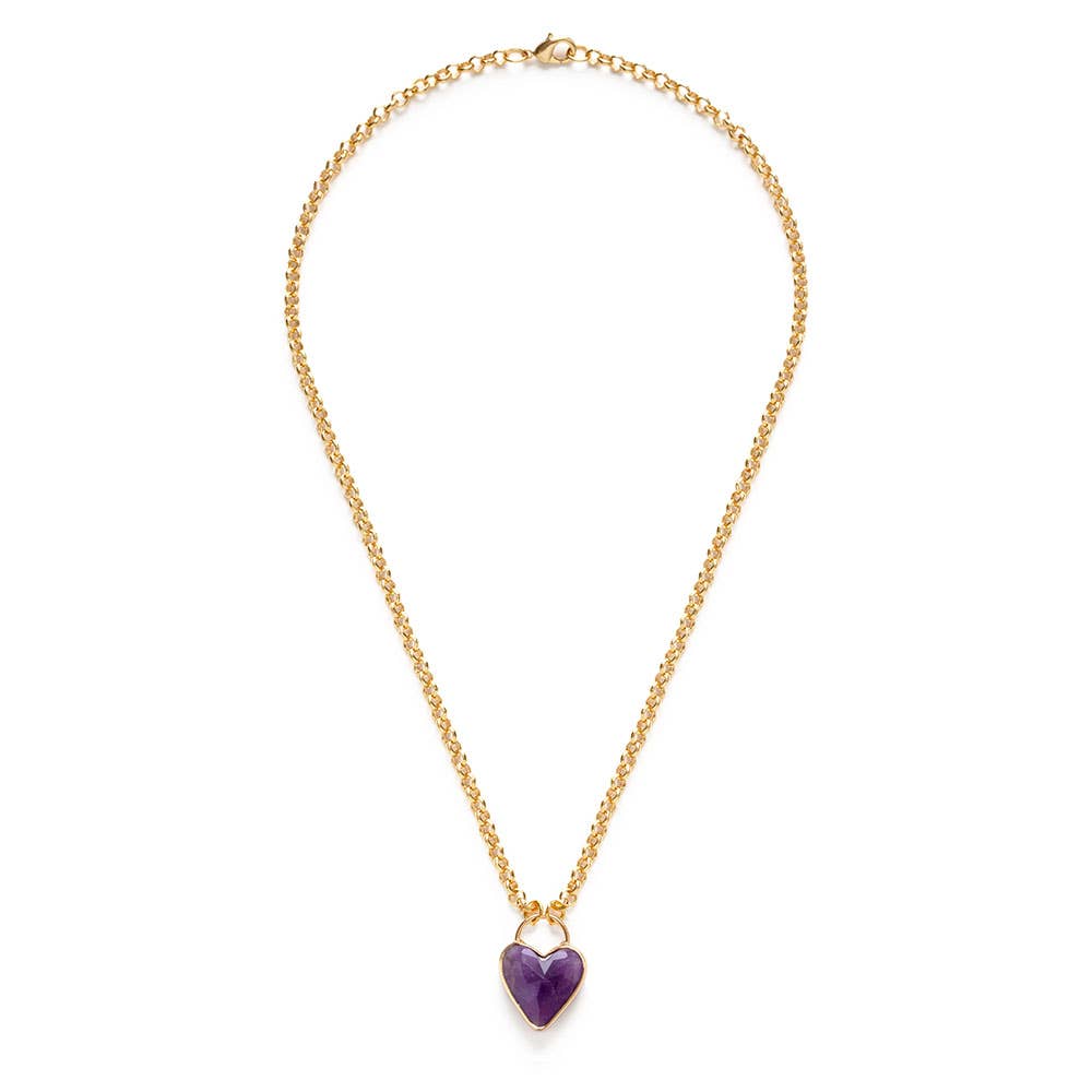 Gold necklace with a heart-shaped purple pendant on a white background
