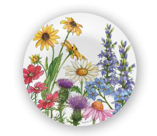Round plate with a colorful design of various flowers on a white background