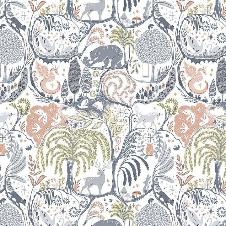 Pattern close up of eye pillow with stylized animals and trees on a white background