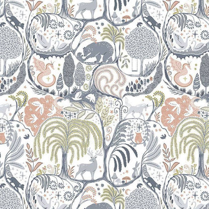 Close up of neck wrap pattern with stylized animals and trees on a white background