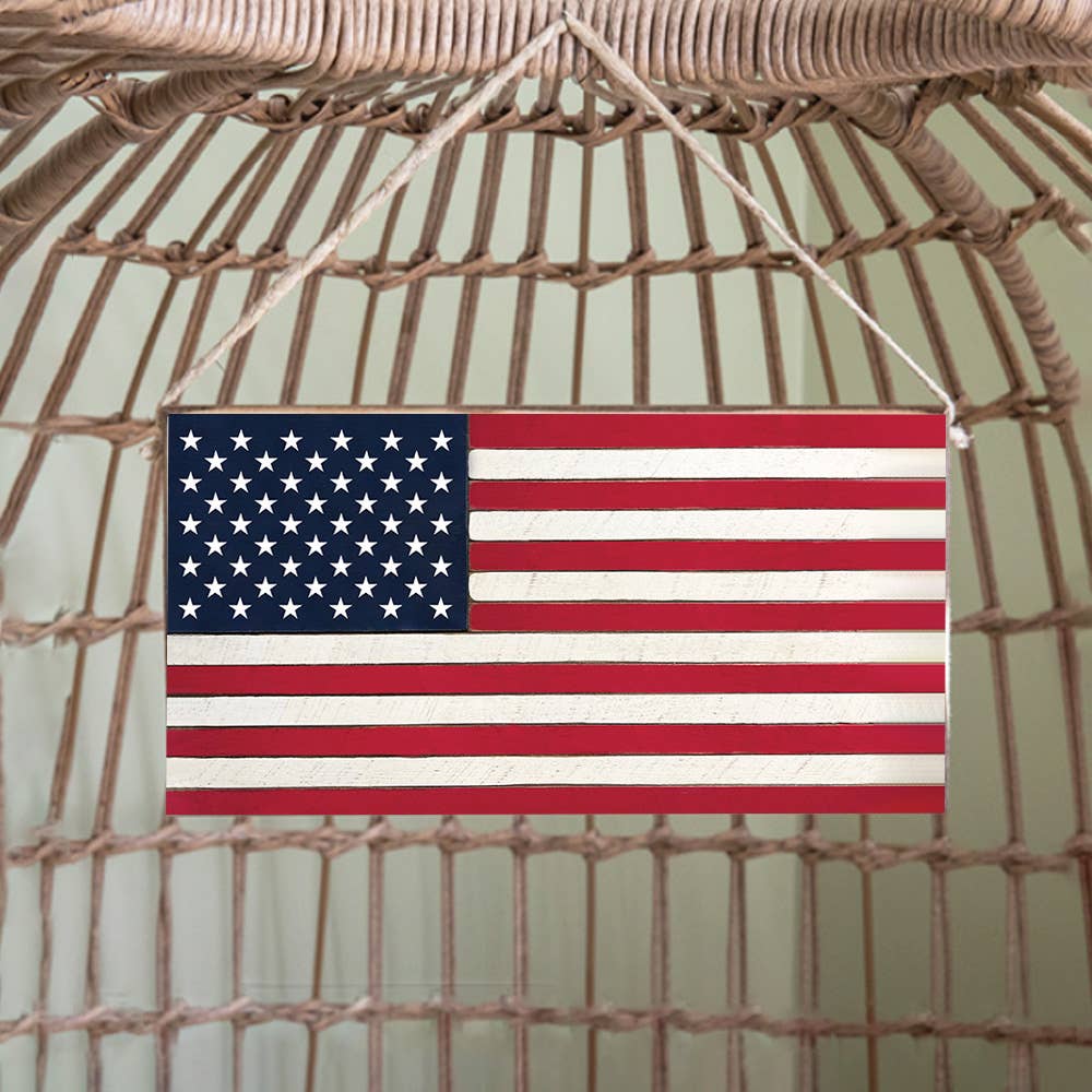 American flag hanging on a woven surface