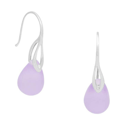 Pair of purple teardrop earrings with silver hooks on a white background