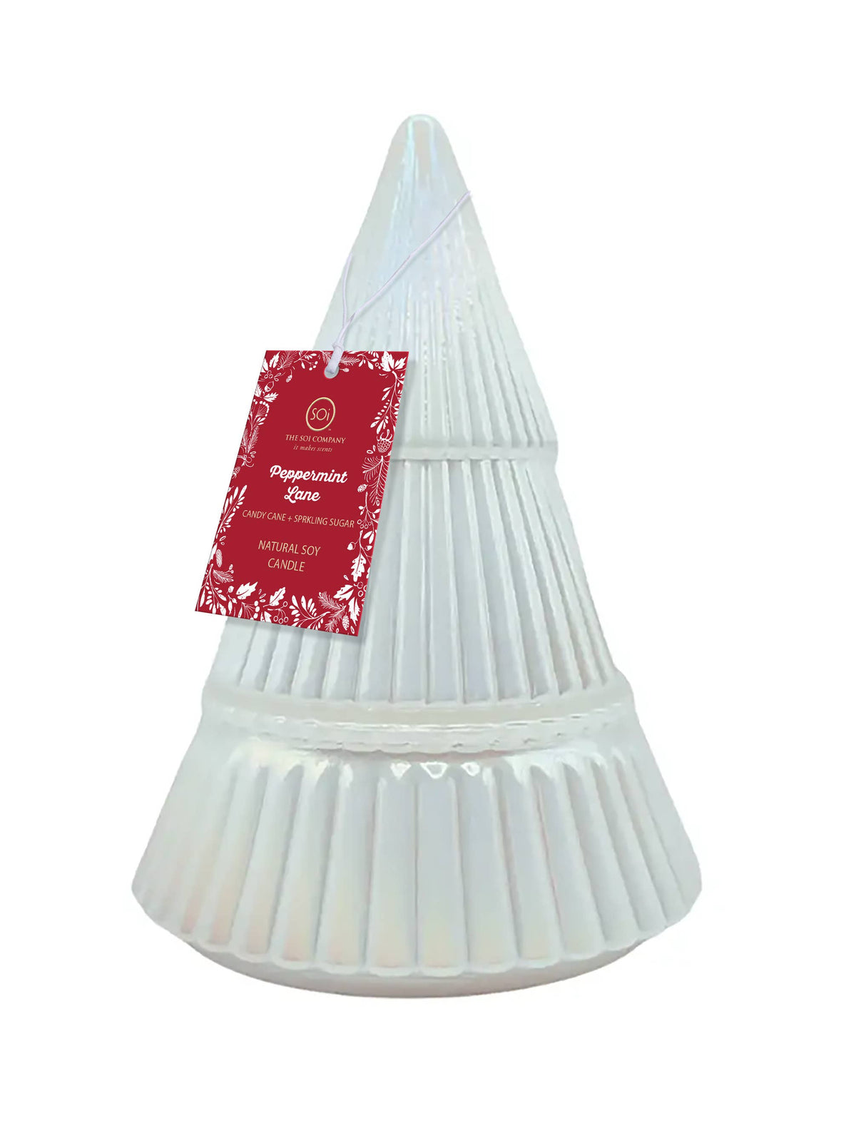 A white, tree shaped candle with vertical fluted ridges and a tiered base, featuring a red hanging tag.