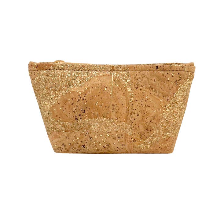 A small cork zip pouch with gold splashes, lying flat against a white background.