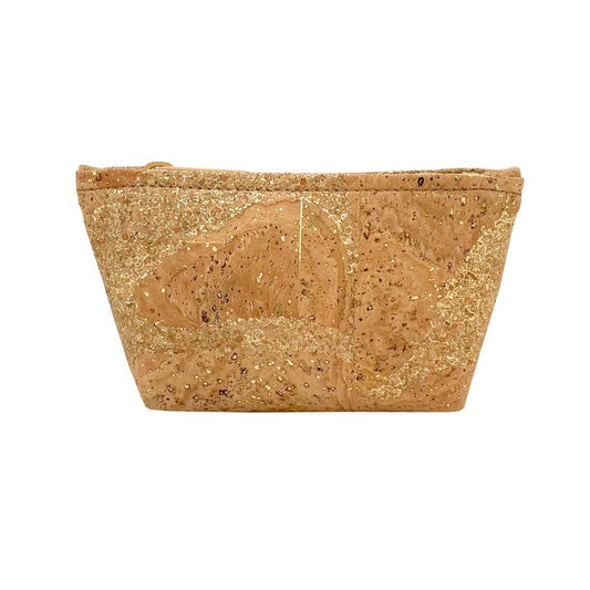 A small cork zip pouch with gold splashes, lying flat against a white background.