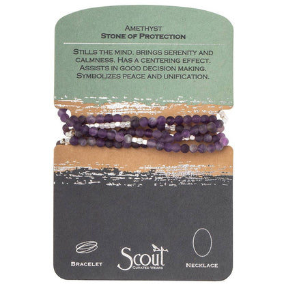 Convertible beaded amethyst necklace/wrap bracelet on a Scout branded card with descriptive text.