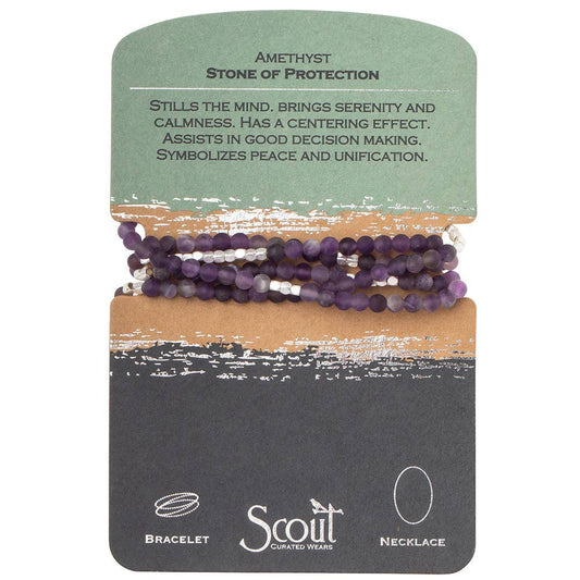 Convertible beaded amethyst necklace/wrap bracelet on a Scout branded card with descriptive text.
