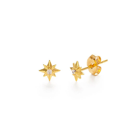 Gold star-shaped earrings with clear stones on a white background