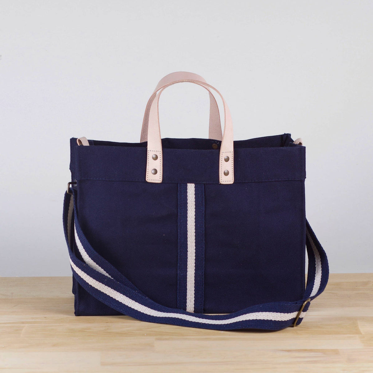 Navy Canvas Striped Box Tote Bag