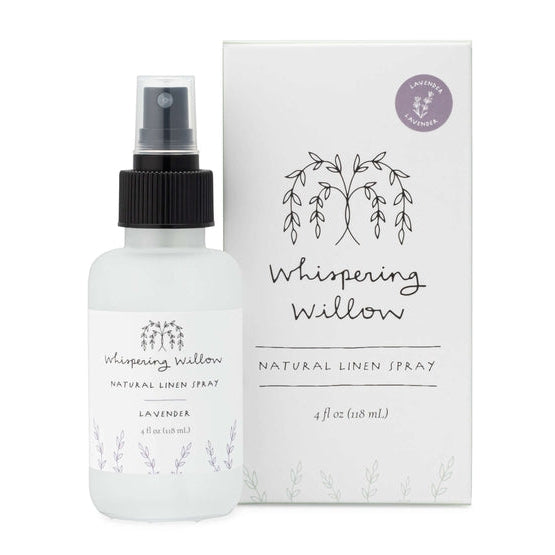 Whispering Willow natural linen spray bottle and packaging on a white background