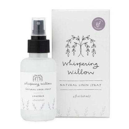 Whispering Willow natural linen spray bottle and packaging on a white background