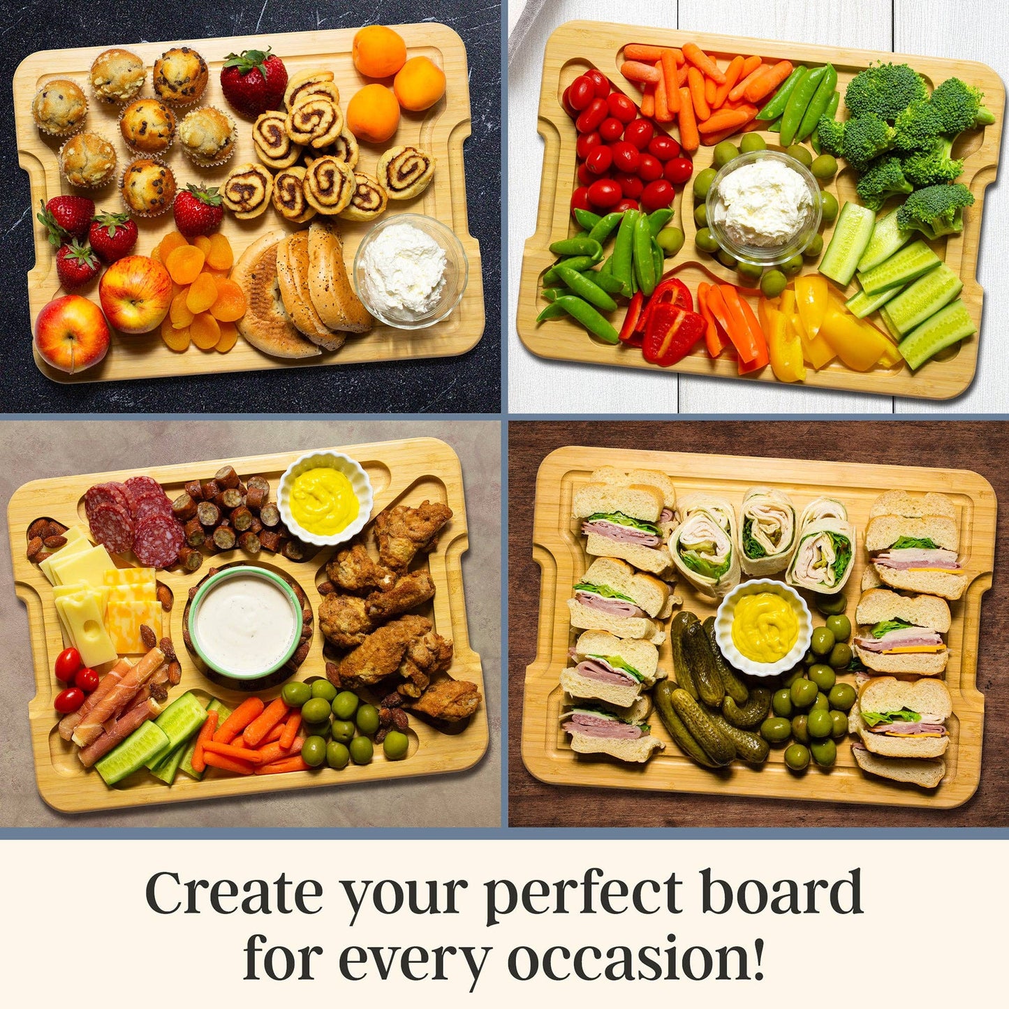 Four wooden boards with various food items including fruits, vegetables, sandwiches, and dips. Text at bottom: Create your perfect board for every occasion!