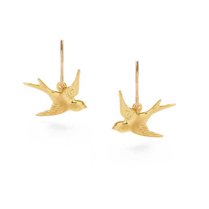 Gold bird-shaped earrings on a white background