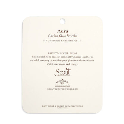 Product tag for 'Aura Chakra Glow Bracelet' by Scout on a white background