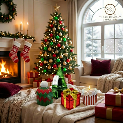 Cozy living room with Christmas decorations, including a tree, stockings, and presents.