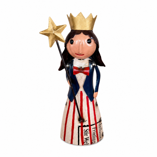 Figurine of a character with a crown, star, and American flag dress on a white background